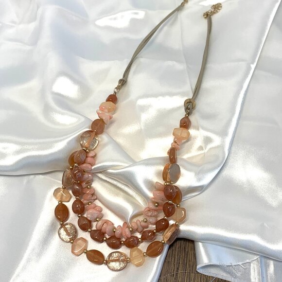 Multi-Layered Beaded Necklace Semi Precious Stones Glass Beads Leather Peach - Picture 3 of 6